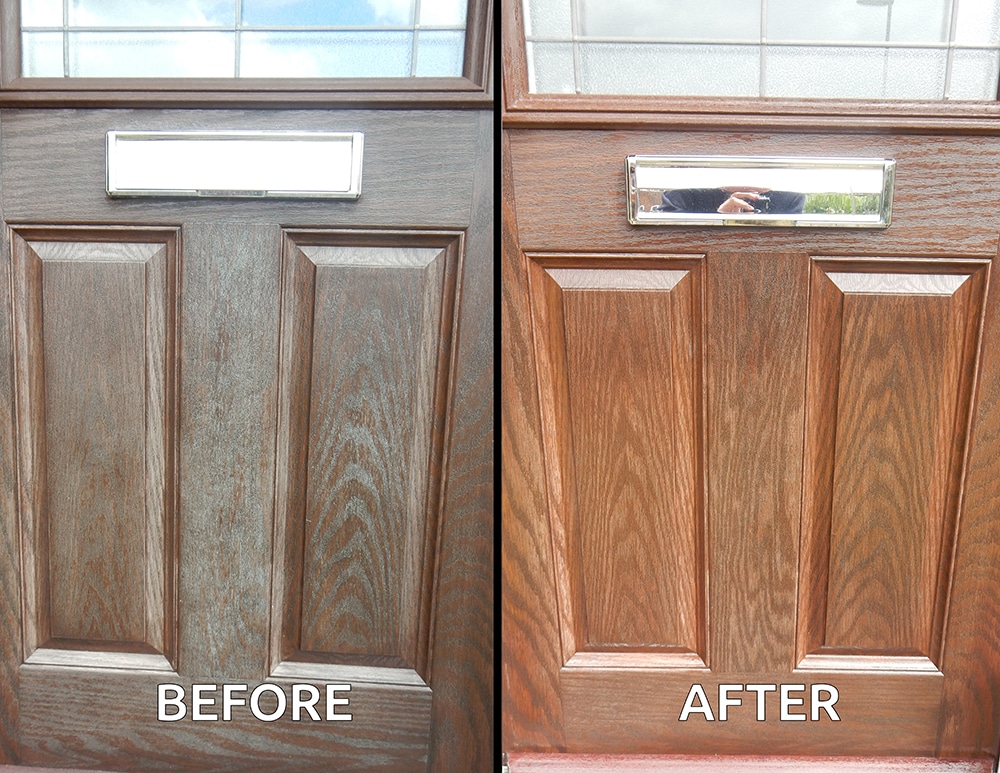 Before and after using Polytrol on a composite door