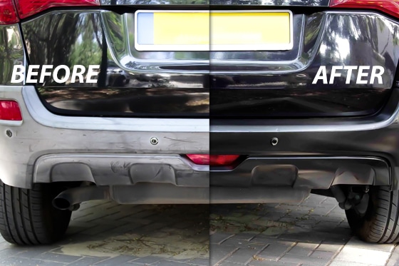 before and after using Polytrol on a car bumper