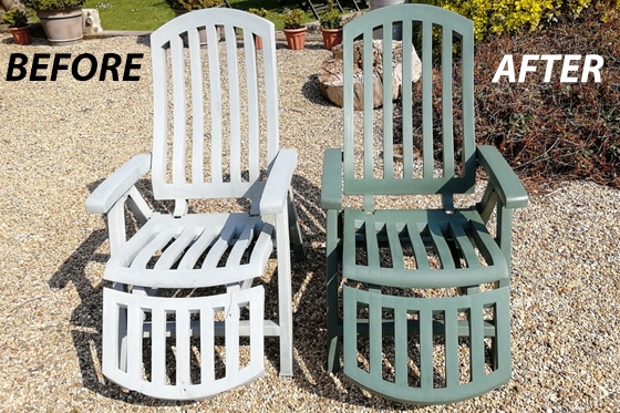 before and after using Polytrol on plastic garden chairs